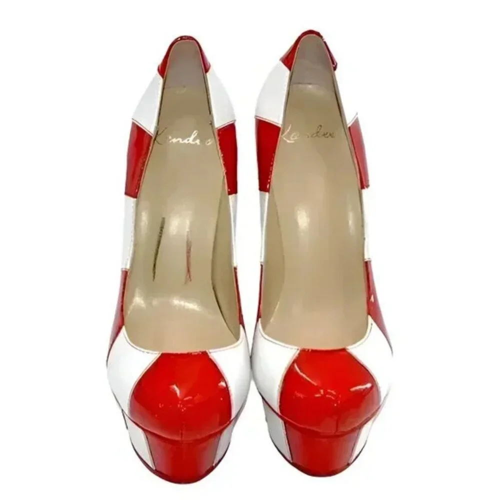 Kandee White Red Striped Leather Streetwear Ultra High Platform Heels 39 7.5-8